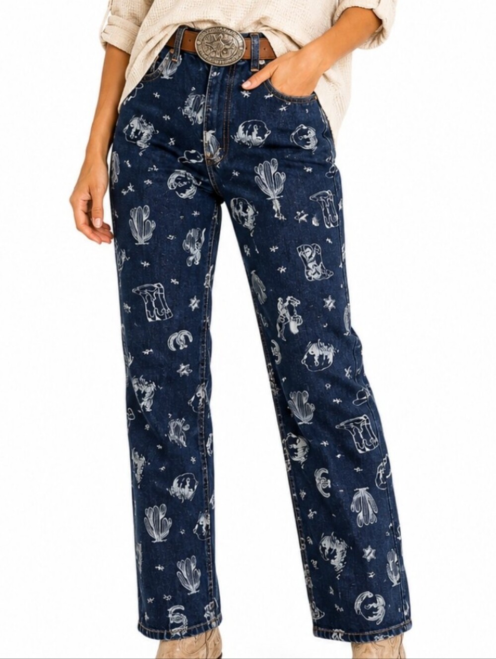 Cali 1850 Straight Leg Jeans Women 7/28 Blue Western Cowboy Print High Rise NWT